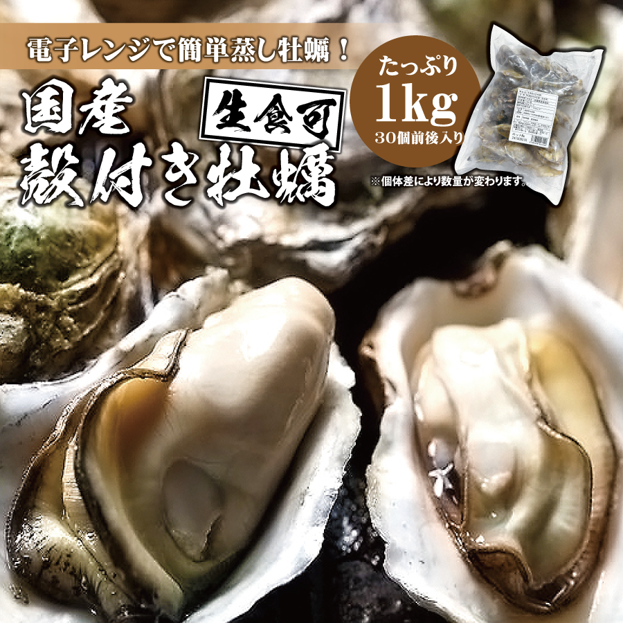 ＜送料無料＞【1㎏約30個入り】国産殻付き牡蠣（かき/カキ）（生食可） 電子レンジで簡単蒸し牡蠣もおすすめ♪