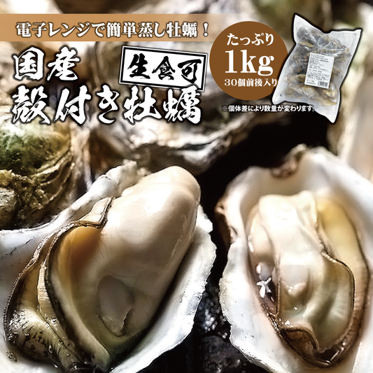 ＜送料無料＞【1㎏約30個入り】国産殻付き牡蠣（かき/カキ）（生食可） 電子レンジで簡単蒸し牡蠣もおすすめ♪